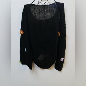 Black Sweater with Floral Accents XL NWOT